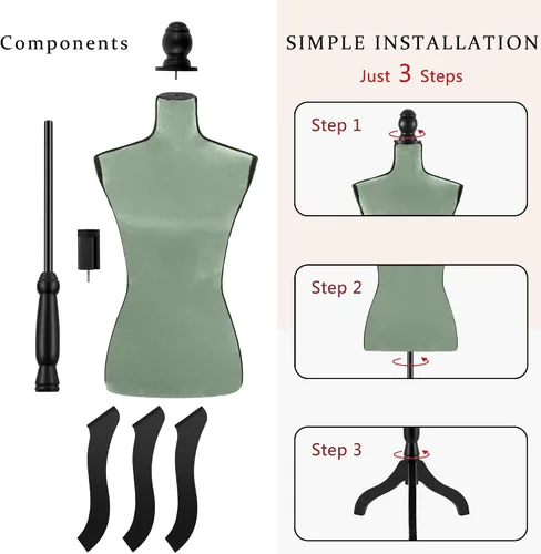 Miniatura 4 de HOMBOUR Cuerpo de maniquí femenino, forma de vestido de torso de maniquí de costura, maniquí ajustable con soporte para modista de exhibición (verde)
