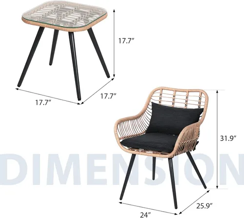 Miniatura 6 de JOIVI Juego de 3 piezas para patio, juegos de mimbre para exteriores, para porche, patio trasero con mesa de centro cuadrada de cristal, cojines