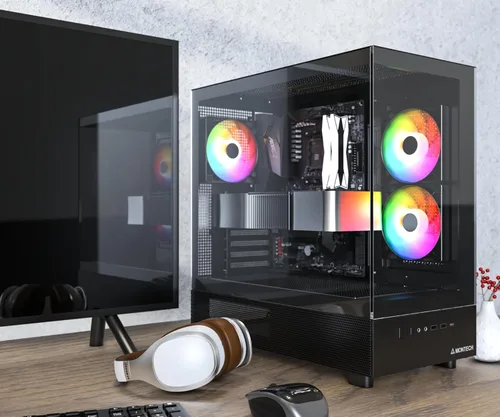 Miniatura 2 de MONTECH XR-B, chasis para PC de torre media ATX Gaming, ventiladores ARGB PWM de 3x120mm preinstalados, panel de vidrio templado de doble vista