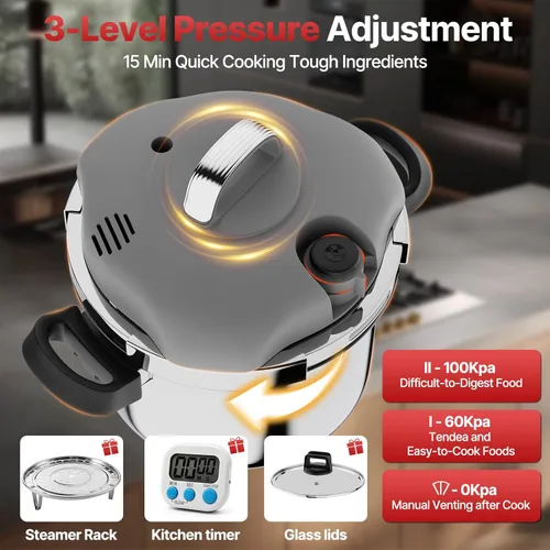 Miniatura 3 de Olla a Presión de Acero Inoxidable, Bloqueo de Una Mano/Bloqueo Rotativo, Compatible con Gas e Inducción, Cocina Rápida para Comidas Grandes, Apta