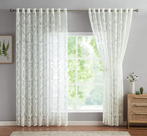 Miniatura 8 de LinenZone Par de 2 paneles de cortina de encaje de punto con parte inferior festoneada. Elegantes cortinas de encaje de granja para sala de estar