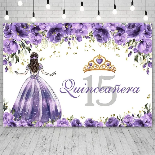 Miniatura 10 de Sendy Telón de fondo de quinceañera de 15 cumpleaños para niñas, vestido azul, corona de princesa, fondo de fotografía, flores azules y zapatos