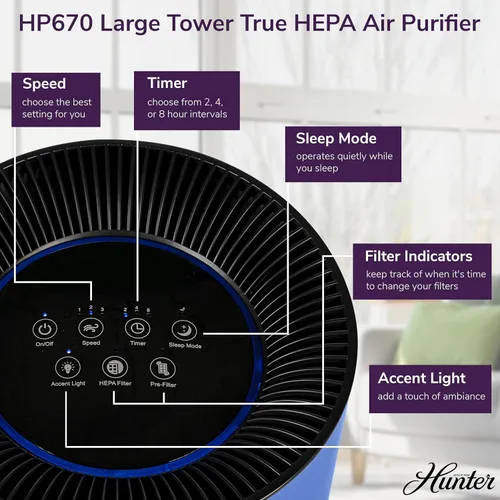 Miniatura 6 de Hunter Fan Company HP670 True HEPA - Purificador de aire para alergias, elimina el polvo, el humo, el moho y el polen, cubre hasta 195 pies Blanco