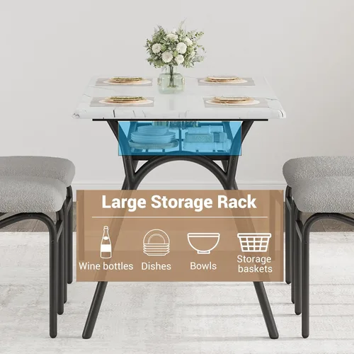 Miniatura 5 de GarveeHome Juego de mesa de comedor de 5 piezas para 4, mesa de cocina moderna con 4 sillas de bouclé, mesa de comedor rectangular con estante