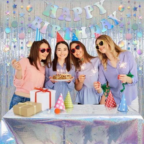 Miniatura 4 de Decoración iridiscente de fiesta de feliz cumpleaños, pancarta de feliz cumpleaños, guirnalda de círculos iridiscentes, cortina de flecos, mantel