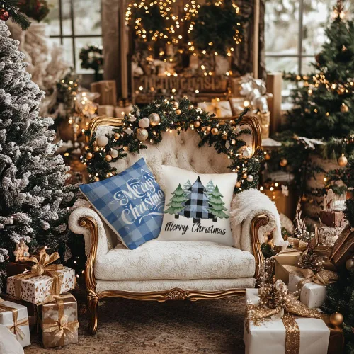 Miniatura 7 de GEEORY Fundas de Almohada Decorativas Feliz Navidad 16x16 Pulgadas Juego de 4, Árboles de Navidad Camión Cuadros Buffalo Azul Believe Estilo Granja