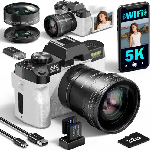 Cámaras digitales de 5K y 64MP para fotografía y video, cámara de vlogging para YouTube, cámara compacta con tarjeta TF de 32 GB, WiFi y lente gran