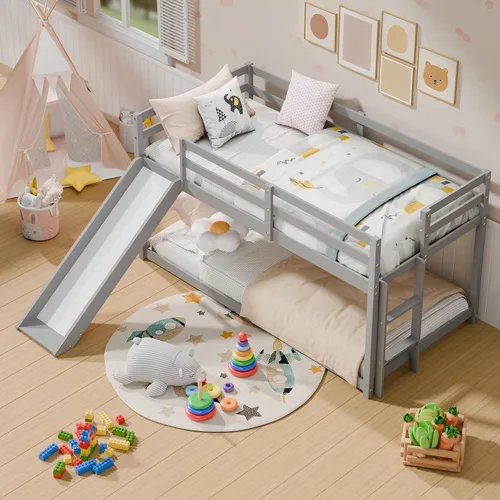 Miniatura 7 de MU Litera baja con tobogán, litera individual sobre individual, marco de cama de madera maciza con escalera de escalada y riel de protección de Gris