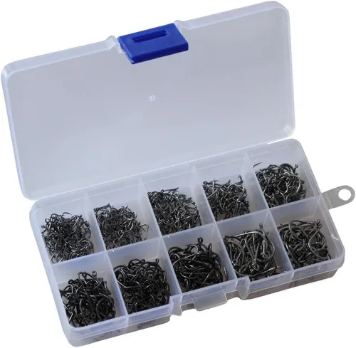 Miniatura 5 de 300pcs pequeños anzuelos de pesca negro alto carbono ganchos de pesca Set 6 tamaños con una caja de plástico 500 unidades doradas