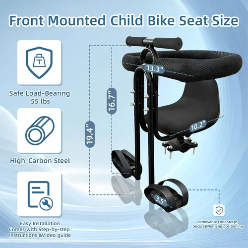 Miniatura 2 de Asiento de bicicleta infantil montado en la parte delantera para adulto MTB, portabicicletas interactivo para niños con barandilla completa, pedales