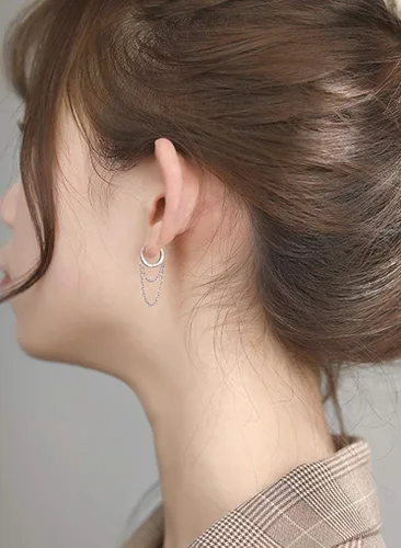 Miniatura 3 de Reffeer Aretes de aro pequeños de plata de ley 925 con borla y cadena para mujeres y adolescentes