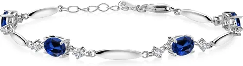 Miniatura 86 de Gem Stone King 925 Sterling Silver Gemstone Birthstone and White Created Sapphire Tennis Bracelet For Women Oval 7X5MM and 2MM 6 Inch + 1 Inch