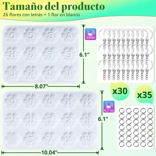 Miniatura 4 de LET'S RESIN Moldes de resina para llavero de silicona con agujero, 27 cavidades de flores, alfabeto, resina UV, kit de moldes para principiantes