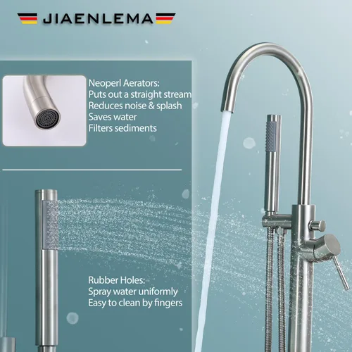 Miniatura 4 de Grifo de bañera independiente de níquel cepillado con pulverizador, grifo de bañera de montaje en piso de alto flujo de latón, mango único
