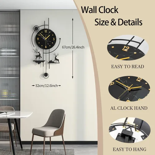 Miniatura 4 de FLEBLE Reloj de pared grande y moderno con péndulo, reloj decorativo de cuarzo silencioso a pilas para sala de estar, cocina, dormitorio, oficina