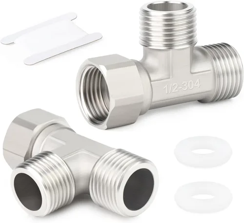 TAISHER 2PCS Conectores en T Flexibles Móviles de 3 Vías Derecha de Acero Inoxidable 304, Macho de 1/2" para Rociador, Válvula Angular, Brazo de