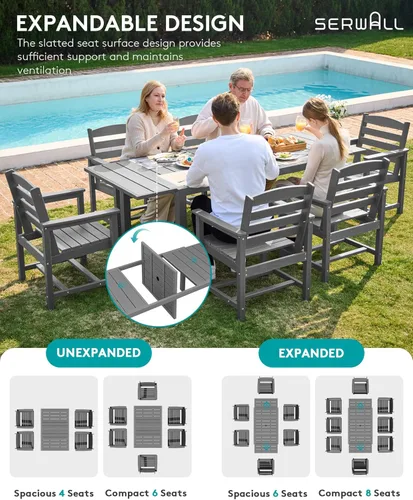 Miniatura 3 de SERWALL Juego de comedor para exteriores de 9 piezas, mesa de comedor expandible de 60 a 83 pulgadas y 8 sillas de polietileno de alta densidad