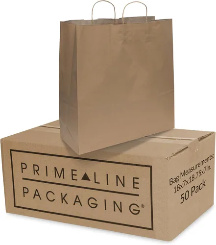 Prime Line Packaging Bolsas de Papel Marrón, Bolsas de Compras Extra Grandes con Asas para Pequeñas Empresas, Boutiques, Comestibles, Tiendas