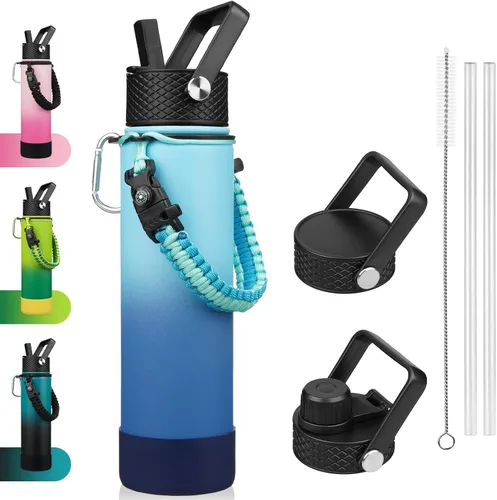 Miniatura 25 de BJPKPK - Botella de agua con tapa de popote, botellas de agua aisladas de 18 onzas con 3 tapas, asa de cuerda de paracaídas y base antideslizante