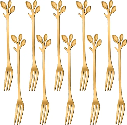 AnSaw Juego de 10 Tenedores de Postre Mini Hoja Dorados - 4.7" Elegantes Tenedores de Acero Inoxidable para Frutas, Aperitivos, Pasteles y Ensaladas