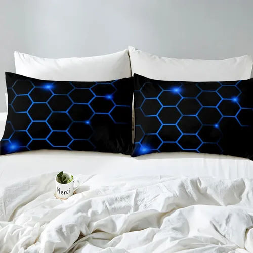 Miniatura 7 de Juego de funda de edredón hexagonal geométrica de panal de abeja, funda de edredón hexagonal moderna para niños, niños, niñas, azul neón, negro