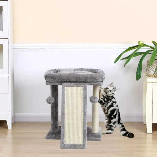Miniatura 8 de SYANDLVY Árbol pequeño para gatos con poste rascador, tabla rascador para gatos con perca, rascador de poste para gatos de interior, 2 bolas Beige