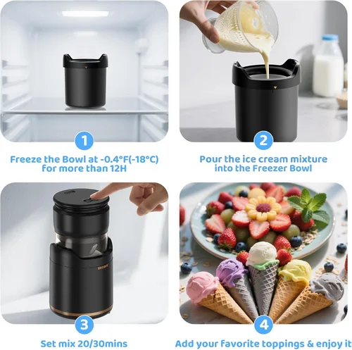 Miniatura 5 de BRIOBITE Máquina de helados, máquina de helado suave recargable con bajo ruido, compacta para 1-2 porciones, perfecta para sorbete, gelato, yogur