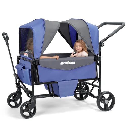 Cochecito Vagón para 2 Niños con Toldo, Vagón Cochecito Plegable Todo Terreno con Mango Ajustable para Empujar/Jalar, Organizador para Padres, Arnés