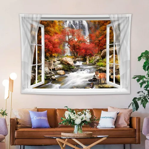 Miniatura 20 de HVEST Tapiz de bosque otoñal para colgar en la pared, hojas de arce naranja y sol, tapiz para colgar en la pared, tapiz de hojas de árbol de otoño