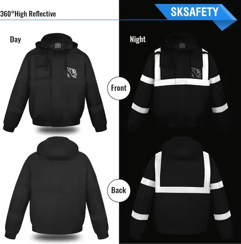 Miniatura 6 de SKSAFETY - Chaquetas reflectantes de alta visibilidad para hombres, chaqueta de seguridad impermeable para hombres con bolsillos, abrigos de trabajo