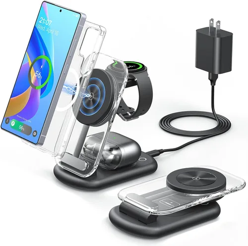Meifigno Estación de carga inalámbrica magnética 3 en 1 para Samsung, soporte de cargador MagSafe plegable con luz nocturna conmutable para Galaxy