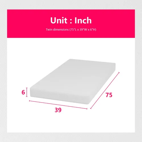 Miniatura 2 de PayLessHere Colchón individual de 6 pulgadas, colchón de espuma viscoelástica de gel de firmeza media, blanco, con funda de cremallera lavable