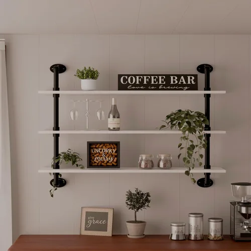 Miniatura 43 de HDDFER - Estantería industrial para tuberías rústicas en blanco, estantes de pared de tubería industrial con tablas de madera, estantes flotantes