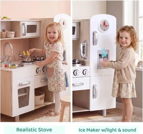 Miniatura 5 de MAMIZO Juego de cocina para niños, cocina preescolar, juguete de madera para niños pequeños con nevera, estufa, utensilios de cocina, teléfono
