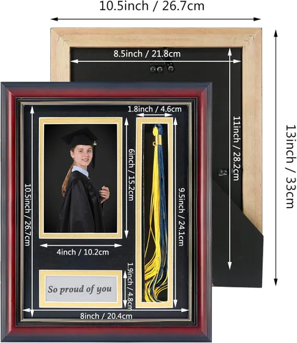Miniatura 3 de GMFrames Marco de caja de sombra de fotos de graduación con soporte de borla para fotos de 4 x 6, vidrio real de madera maciza, doble paspartú negro