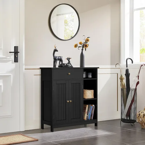 Miniatura 7 de Yaheetech Armario de almacenamiento para baño, armario de piso de baño con 2 puertas y 1 cajón, unidades de almacenamiento con 3 compartimentos