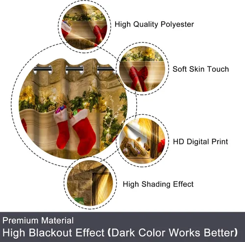 Miniatura 6 de Cortinas con adornos de Navidad impresos, cortinas para ventana de chimenea, calcetines de Navidad, árboles de Navidad, regalos, paneles opacos