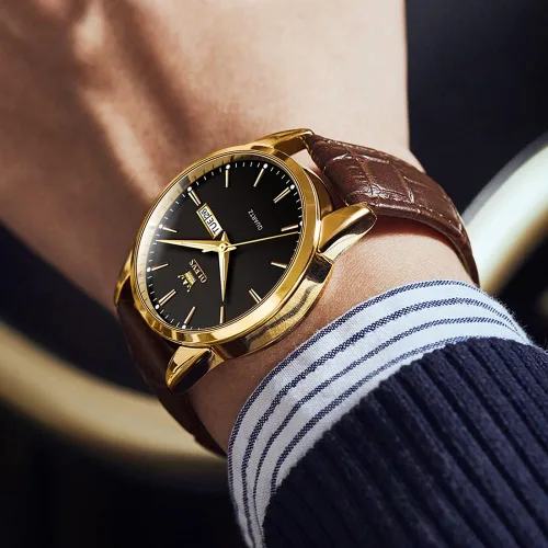 Miniatura 8 de OLEVS Reloj para hombres cronógrafo marrón cuero oro caso analógico cuarzo moda negocios vestido grande hombres reloj día fecha luminoso impermeable