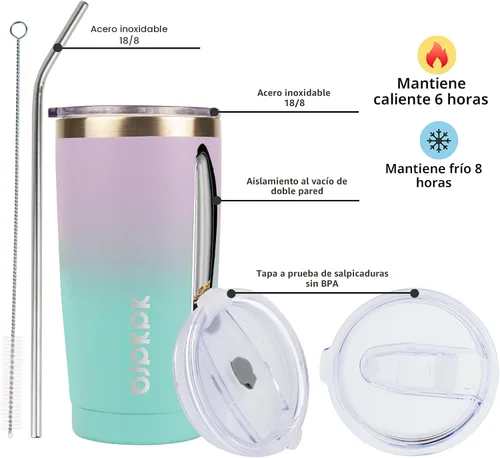 Miniatura 2 de BJPKPK - Vaso aislado de acero inoxidable, taza para café con tapa y pajilla, taza de viaje al vacío de doble pared, vaso a prueba de fugas