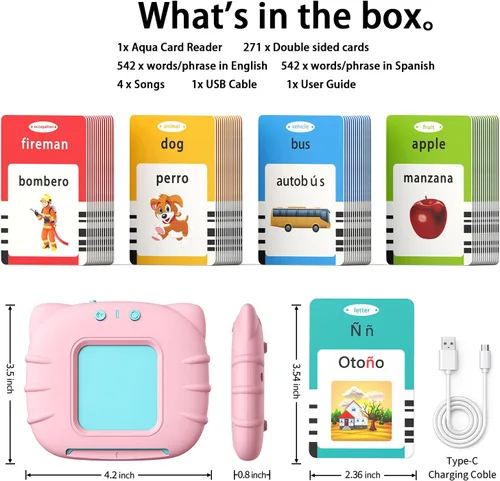 Miniatura 6 de Kidzdo Juguetes audibles bilingües en español e inglés con música, tarjetas flash parlantes bilingües para niños pequeños/principiantes, ABC, Rosa