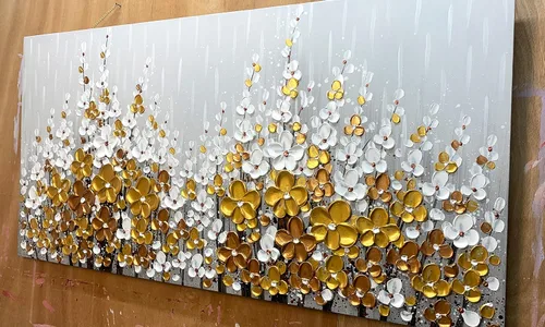 Miniatura 5 de Yika Art Pinturas – Arte de pared de árbol de flores de plata dorada 3D de 24 x 48 pulgadas, cuchillo texturizado abstracto, pintura acrílica sobre