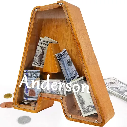 Miniatura 88 de Alcancía para niños y niñas, alcancía grande de madera personalizada con diseño recortado, bancos de monedas con letras del alfabeto, caja de ahorro