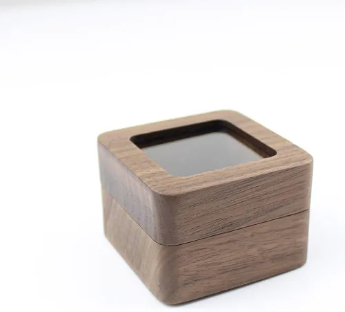 Miniatura 6 de Caja de anillos de madera cuadrada rústica con tapa transparente, para parejas, caja de compromiso, boda, dos ranuras, terciopelo negro