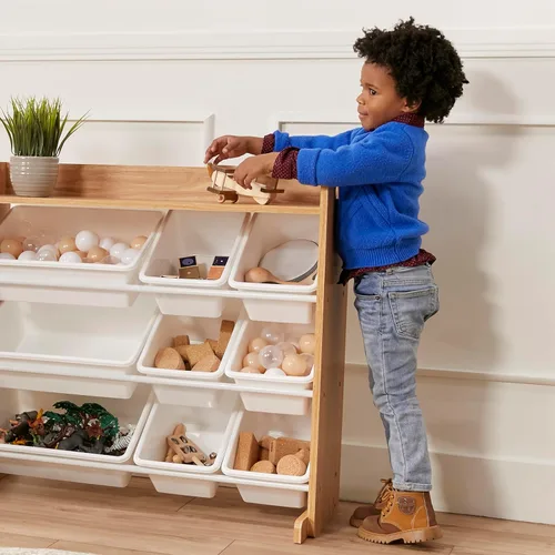 Miniatura 2 de ECR4Kids Organizador de 3 niveles con estante y 9 contenedores, almacenamiento para juguetes, natural oscuro/blanco