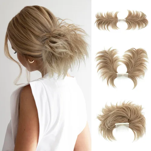 Miniatura 20 de Postizo de Cabello de Moño Despeinado con Peine Lateral Clip en Postizo de Moño para Mujeres Corto Natural Liso Versátil Estilos Ajustables Piezas