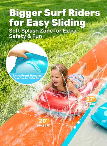 Miniatura 3 de Sloosh Toboganes acuáticos con 2 tablas inflables, tobogán de agua de doble carril de 22.5 pies con rociadores avanzados, juguete de verano