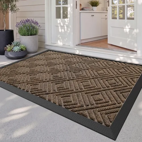 DEXI - Tapete para puerta delantera para entrada exterior, 32 x 48 pulgadas, resistente, atrapador de suciedad con parte trasera de goma, café a