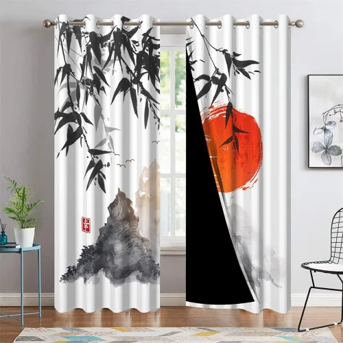 Cortinas japonesas con pintura de tinta, monte Fuji, sol rojo, puesta de sol, hojas de bambú, cortinas de ventana para dormitorio, sala de estar,