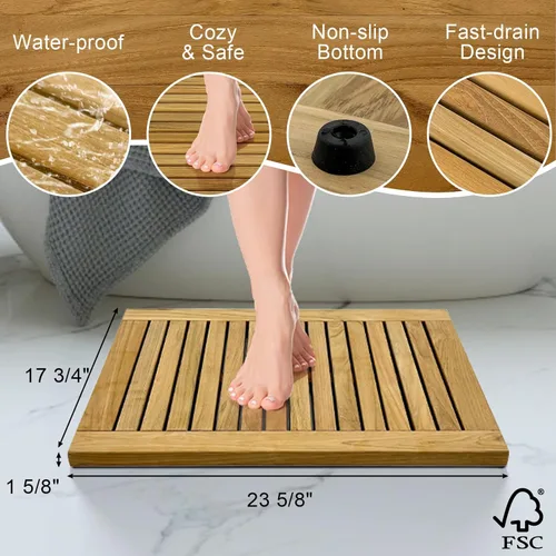 Miniatura 2 de StrongTek Tapete de ducha de teca de 24 pulgadas, resistente al agua, antideslizante, fácil de limpiar, para seguridad y durabilidad, ideal