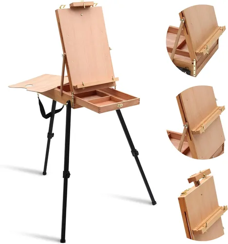 Falling in Art - Caballete de campo y boceto estilo francés ligero con trípode de aluminio, caballete de pie de madera de haya ajustable con cajón,